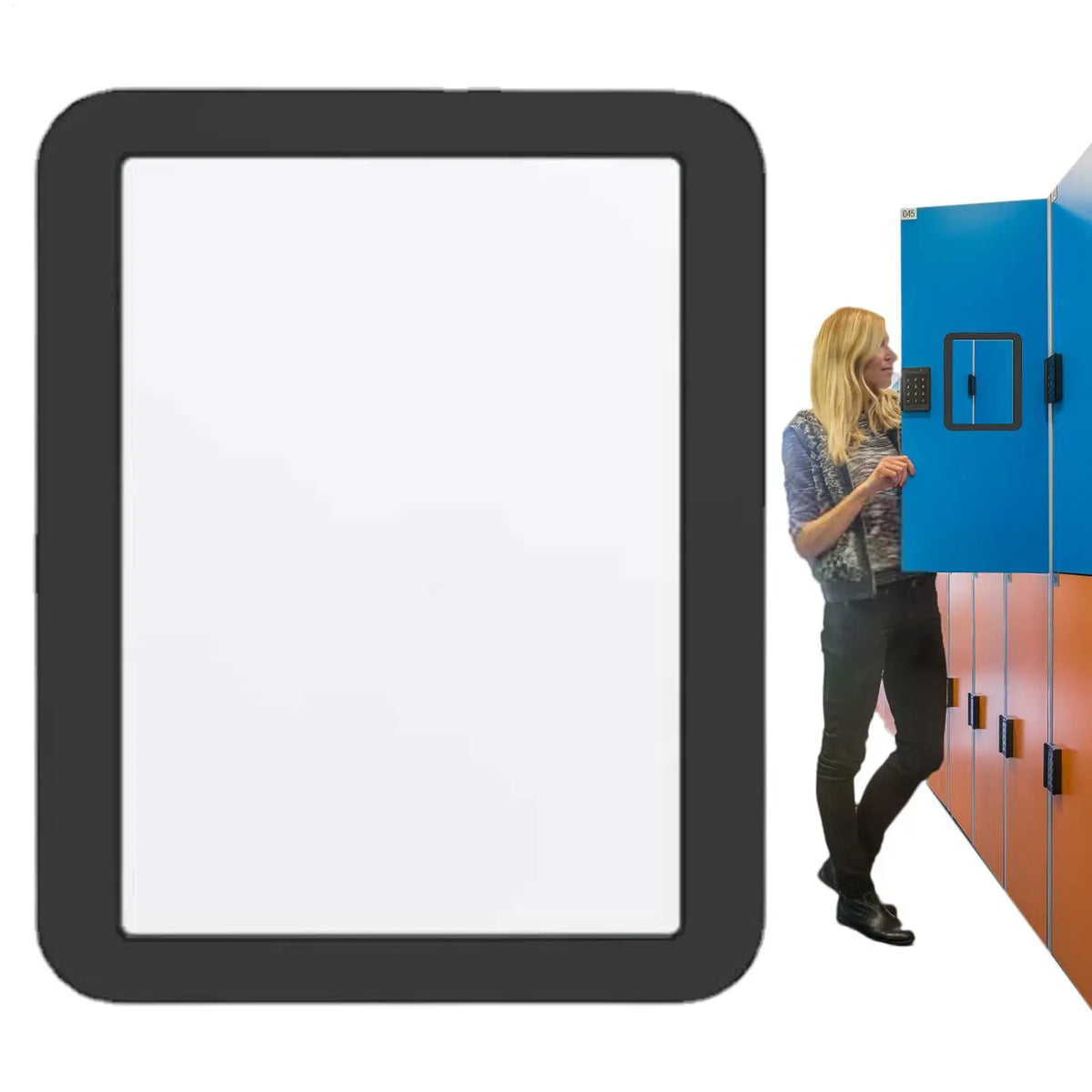 A close-up view of a compact magnetic locker mirror with a strong hold mounted on an orange cabinet.
