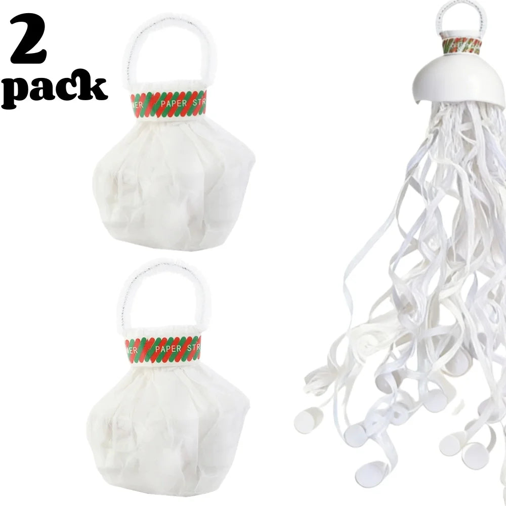 Ein Set aus zwei weißen Papierstreifen mit grünen und roten Akzenten für Konfetti-Pfeifgeräte.