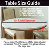 Table size guide showing diameters for S, M, L, and XL sizes, illustrating table thickness.