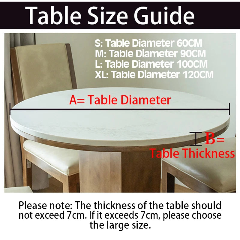 Table size guide showing diameters for S, M, L, and XL sizes, illustrating table thickness.