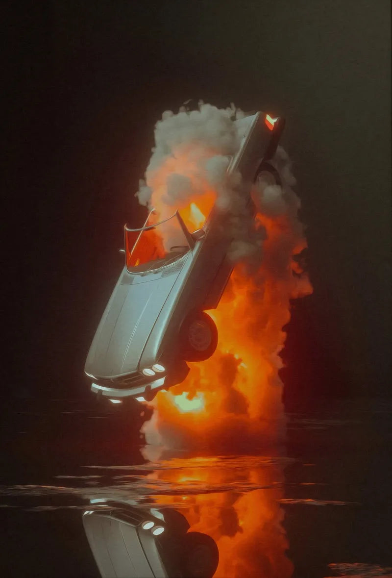 A white race car is engulfed in flames and smoke, reflected on dark water.