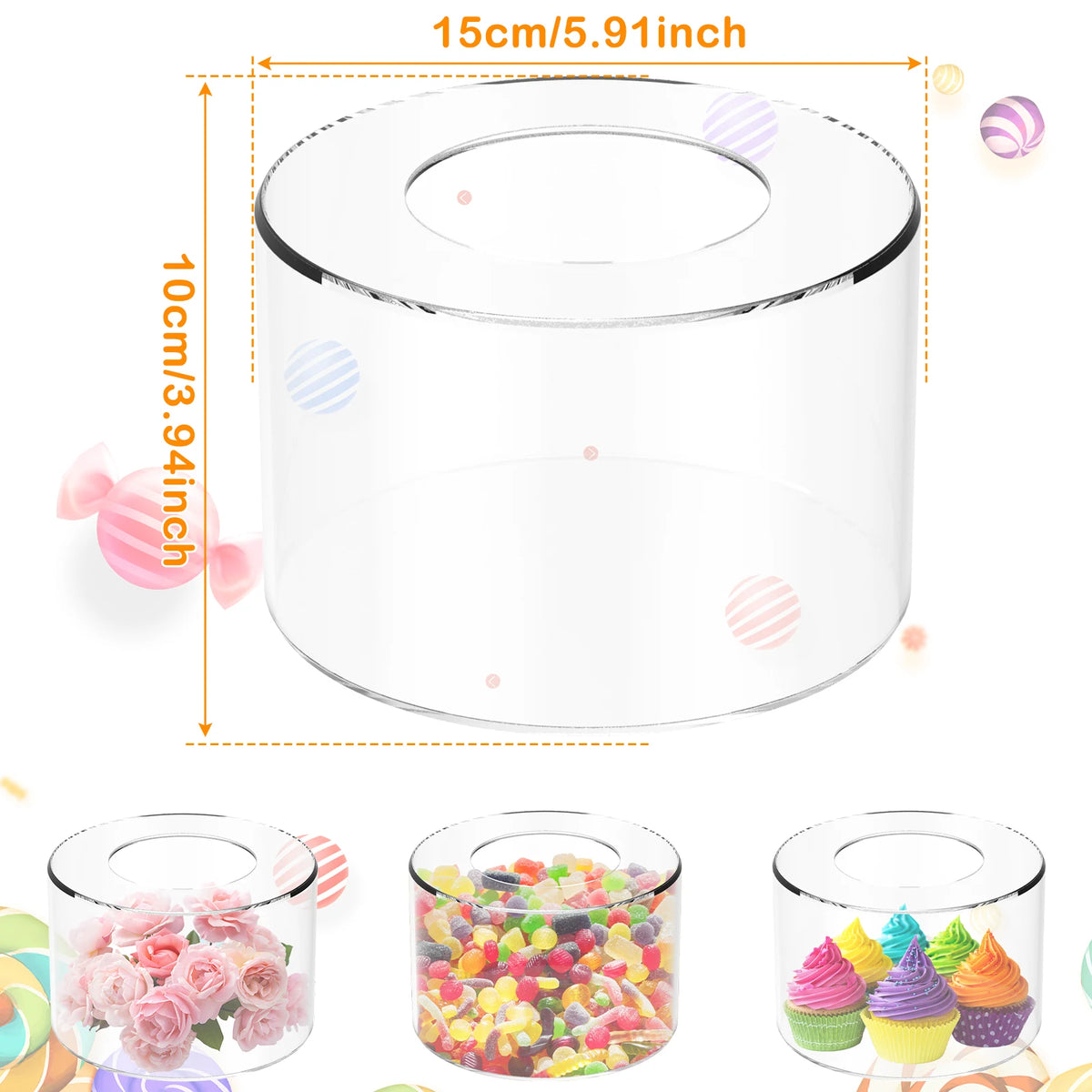 A clear acrylic cake stand with a lid and a base, shown next to various colorful desserts.