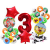A collection of red and green balloons featuring farm animals like cows, pigs, and horses for a birthday party decoration kit
