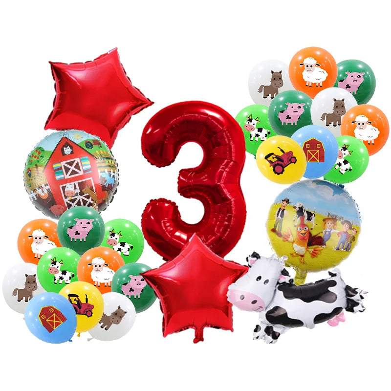 A collection of red and green balloons featuring farm animals like cows, pigs, and horses for a birthday party decoration kit
