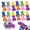 A collection of various colored portable manual can openers for cans and bottles shown against a silver can.