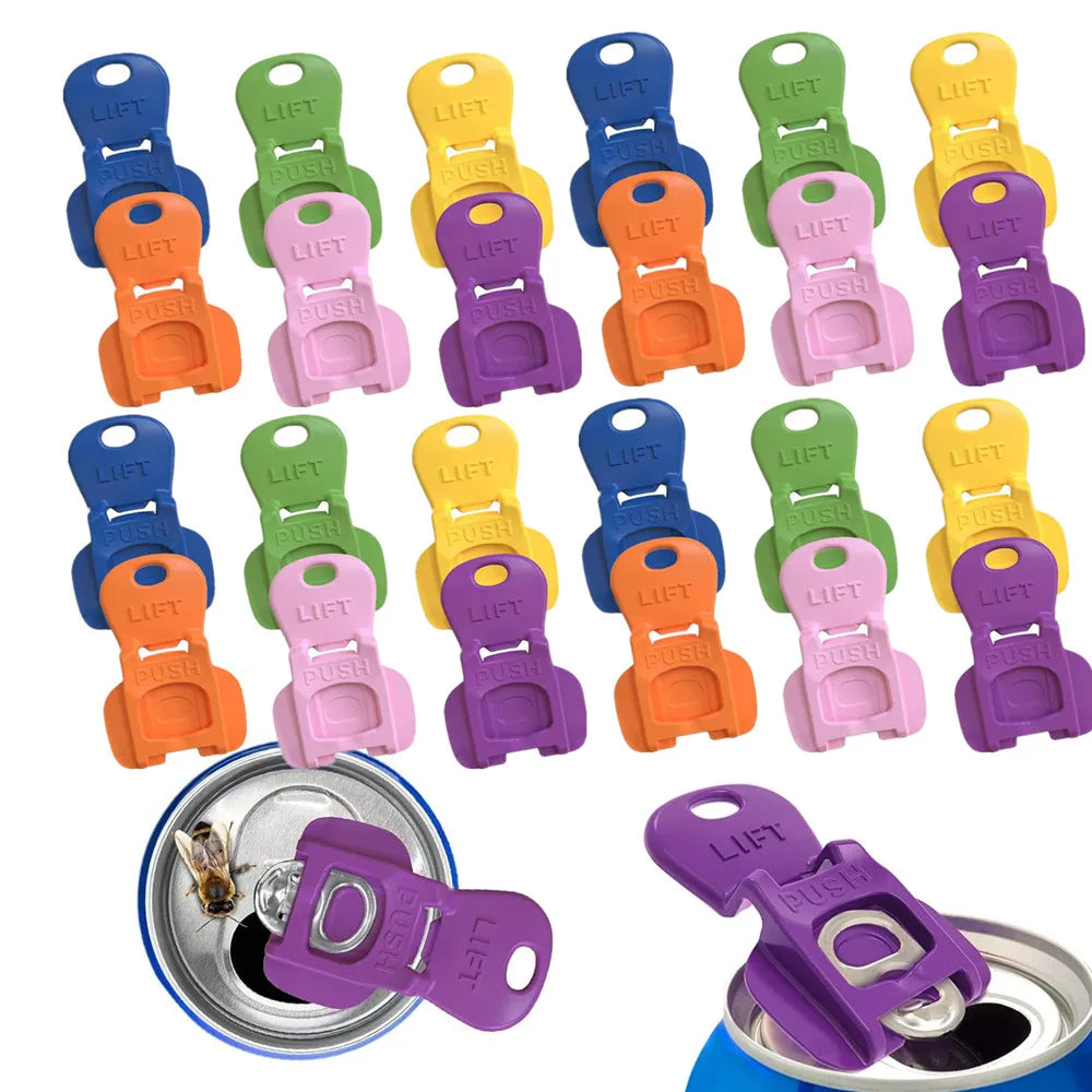 A collection of various colored portable manual can openers for cans and bottles shown against a silver can.