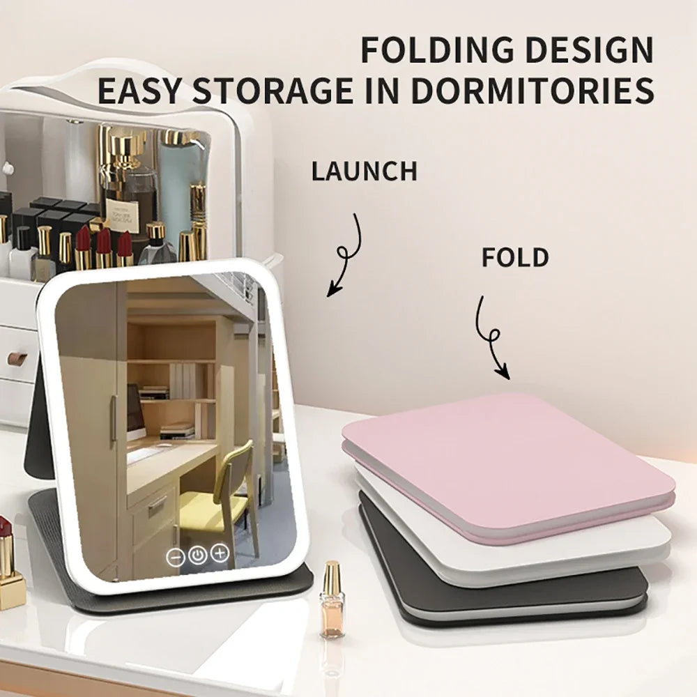 Miroir de maquillage LED dimmable à pliage avec rangement pour chambre d'étudiant