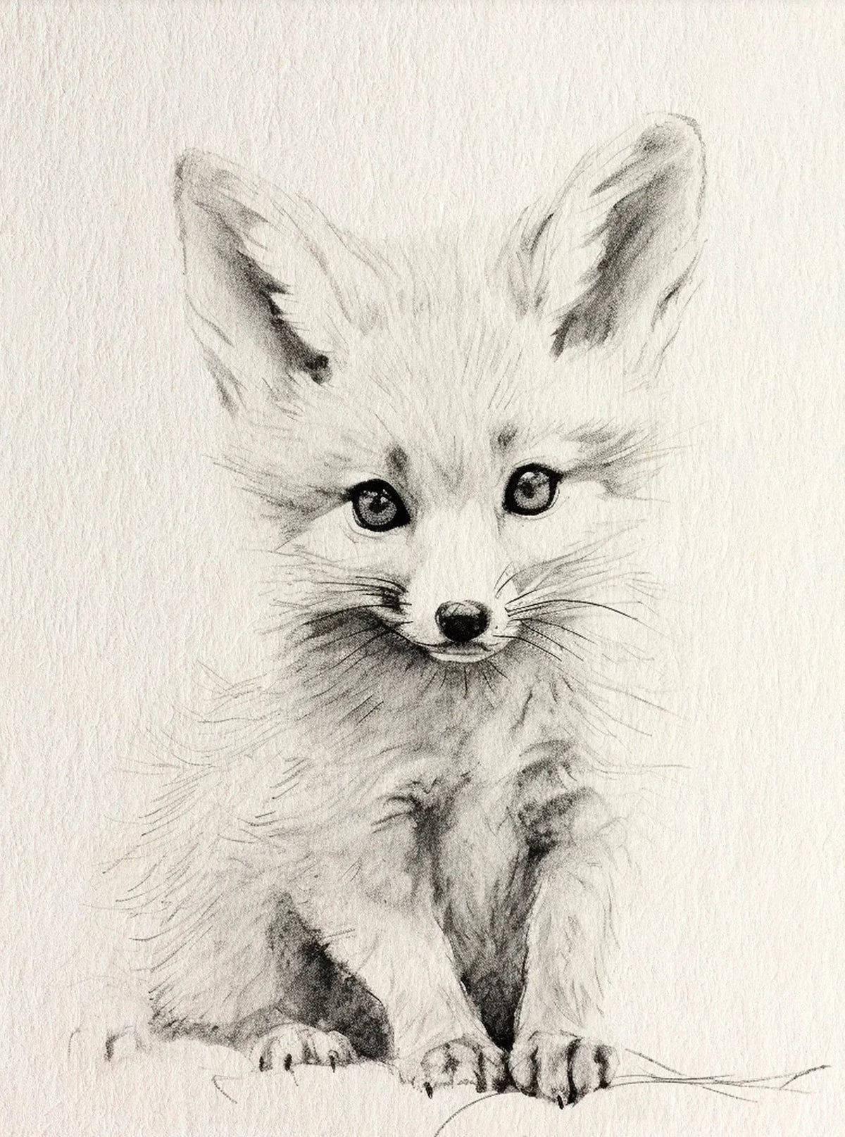 A detailed pencil drawing of a small, fluffy fox kit looking directly at the viewer.