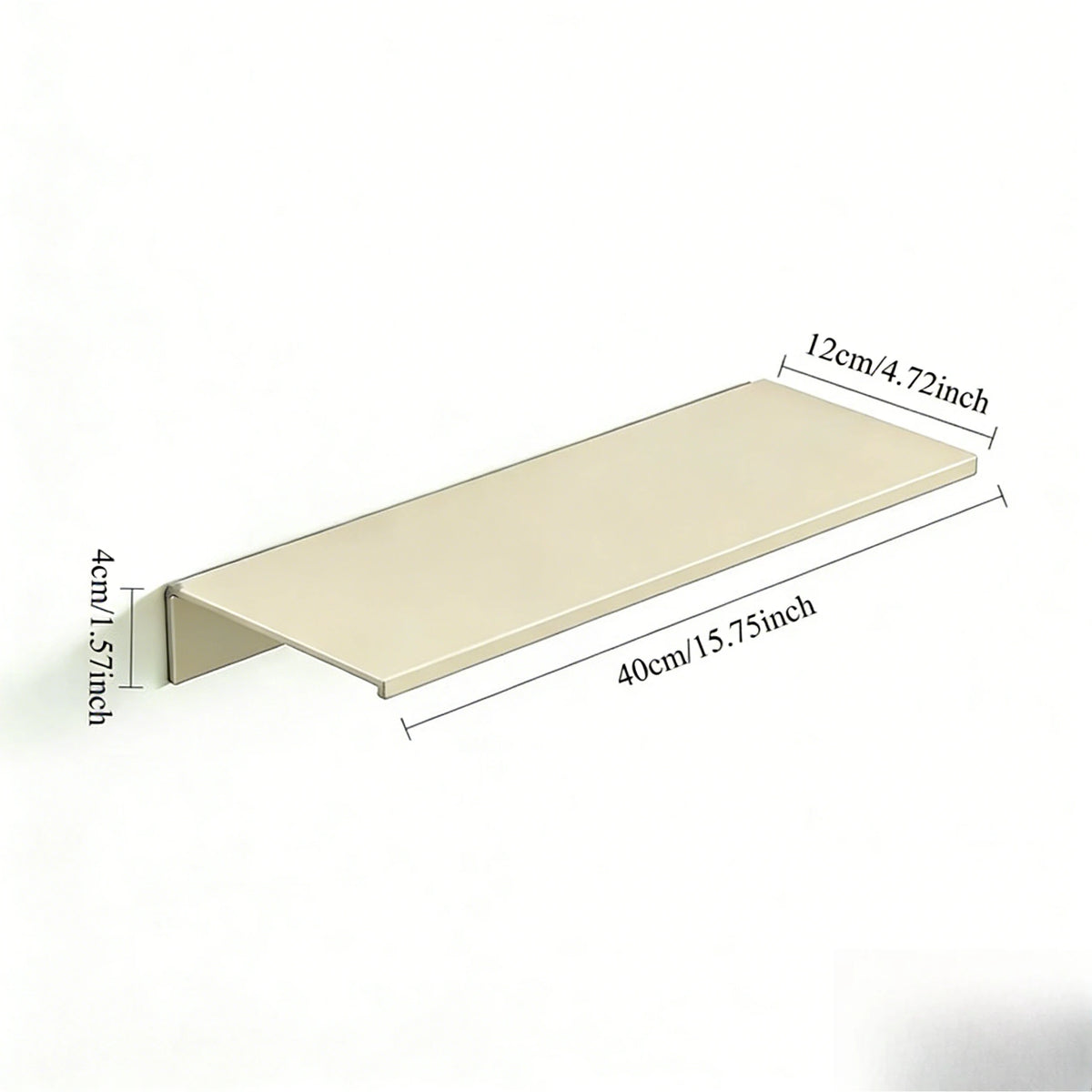 A rectangular aluminum floating wall shelf in a beige color shown from the side with dimensions labeled.
