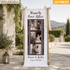 A custom linen banner for a wedding featuring the text Happily Ever After and names Louis & Julia