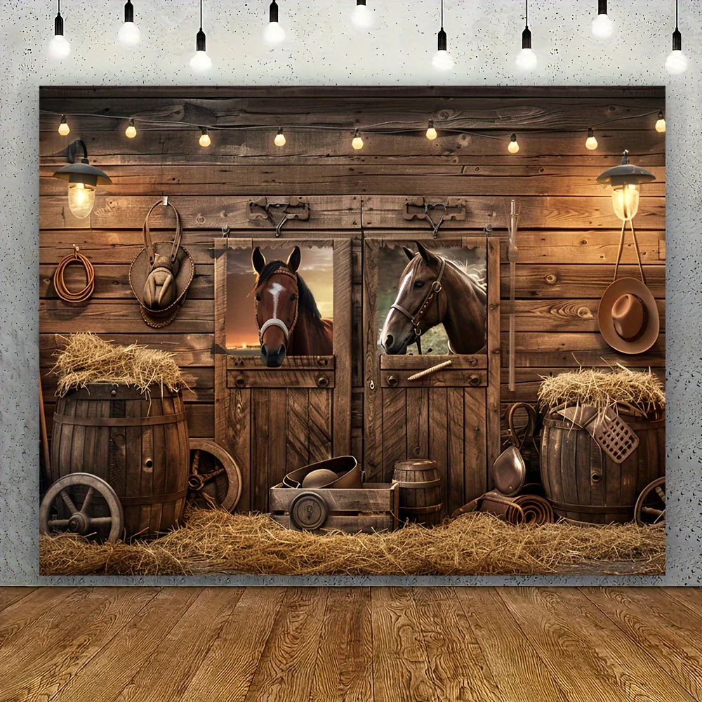 A rustic wooden barn door background featuring framed horses and vintage western decor.