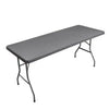 A gray stretchy waterproof table cover for a folding table.