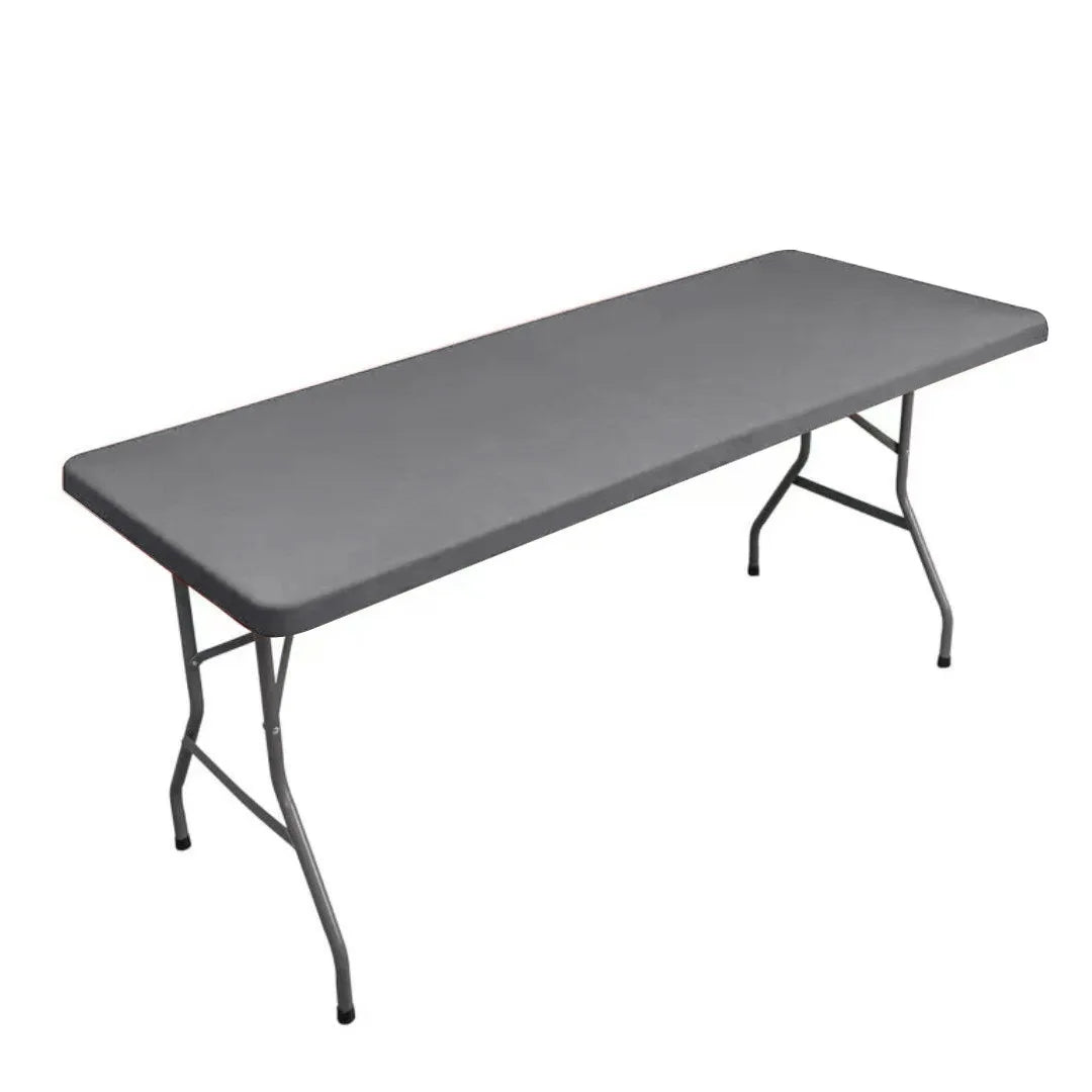 A gray stretchy waterproof table cover for a folding table.