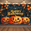 A dark Halloween backdrop featuring carved pumpkins, bats, and skulls with warm orange lighting.
