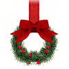 Set of four mini Christmas wreaths decorated with green foliage, red berries, and a red ribbon bow.