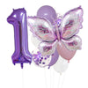 A set of purple foil balloons shaped like the number one and a butterfly