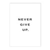 Black text on a white background with the phrase NEVER GIVE UP.