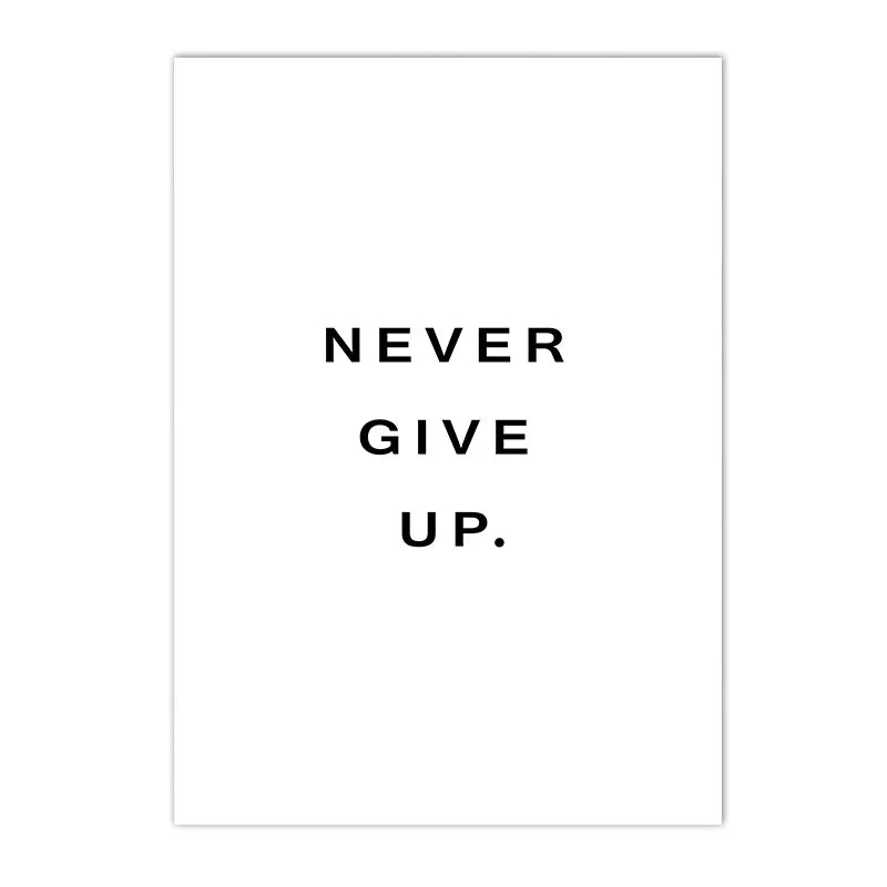 Black text on a white background with the phrase NEVER GIVE UP.