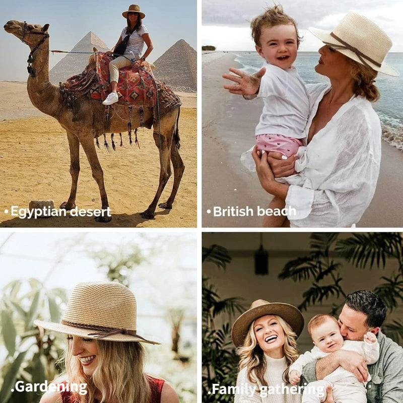 A collage of four photos showing a camel in the Egyptian desert, a woman and child on a British beach, a woman gardening, and
