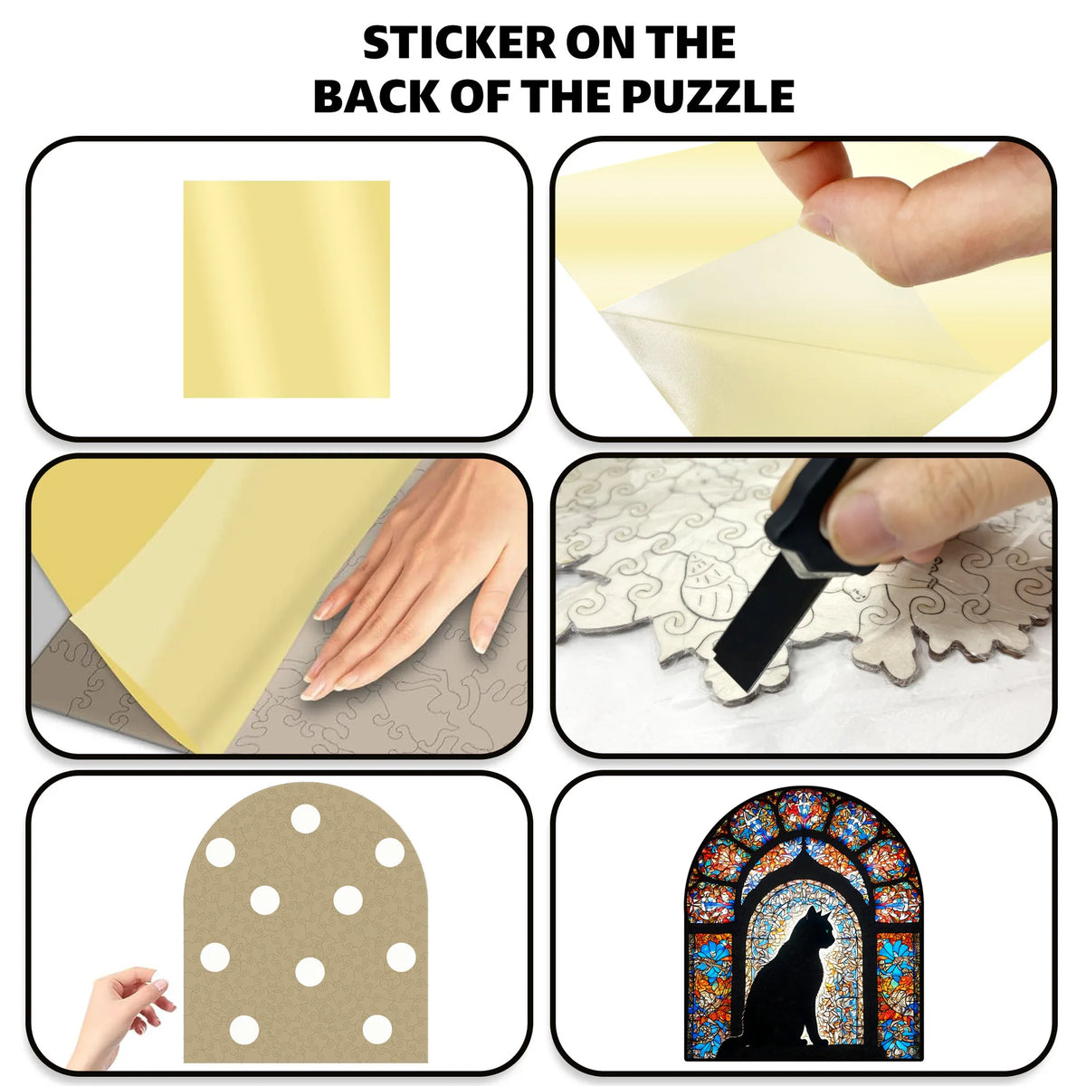 Sticker on the back of a puzzle showing various designs including a gold rectangle, a yellow shape, and a cat silhouette.