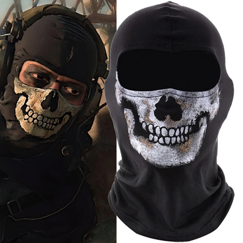 A black ice silk face mask featuring a white skull pattern for cosplay and festivals.