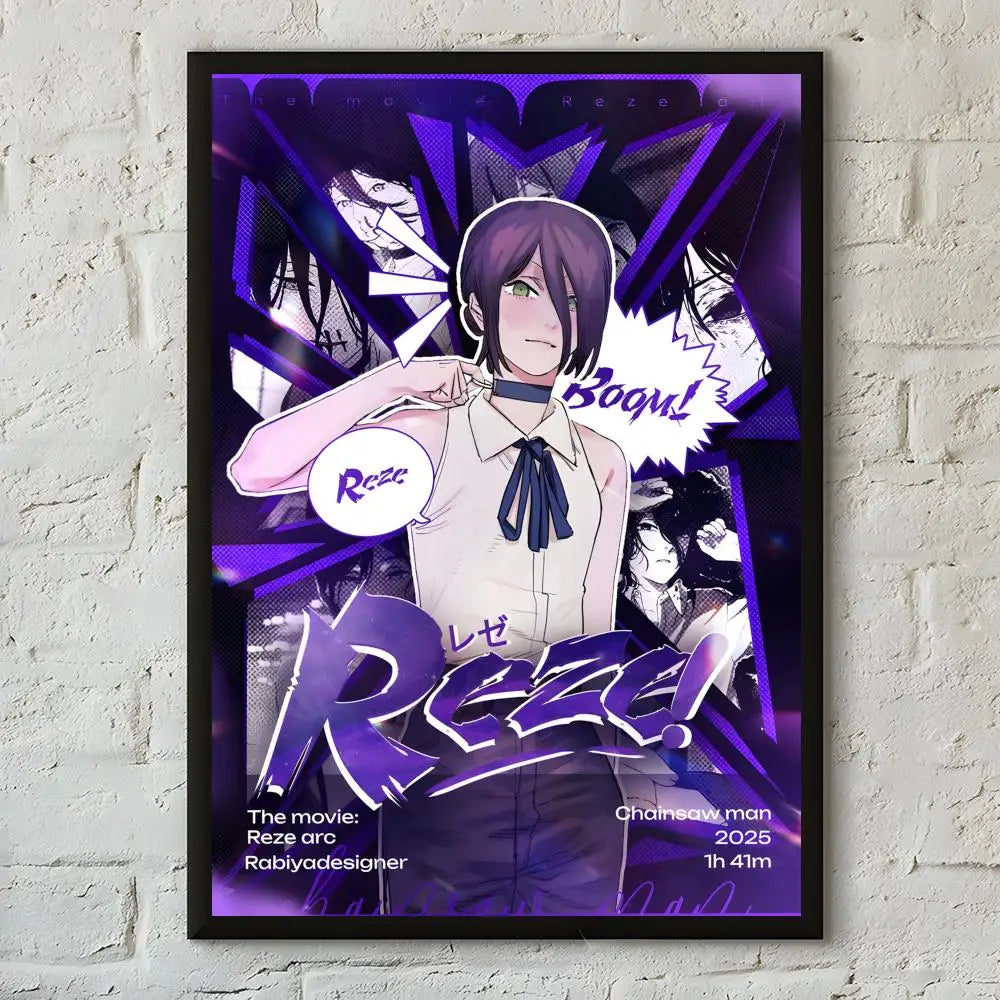 Anime poster featuring characters from Reze with purple and black accents