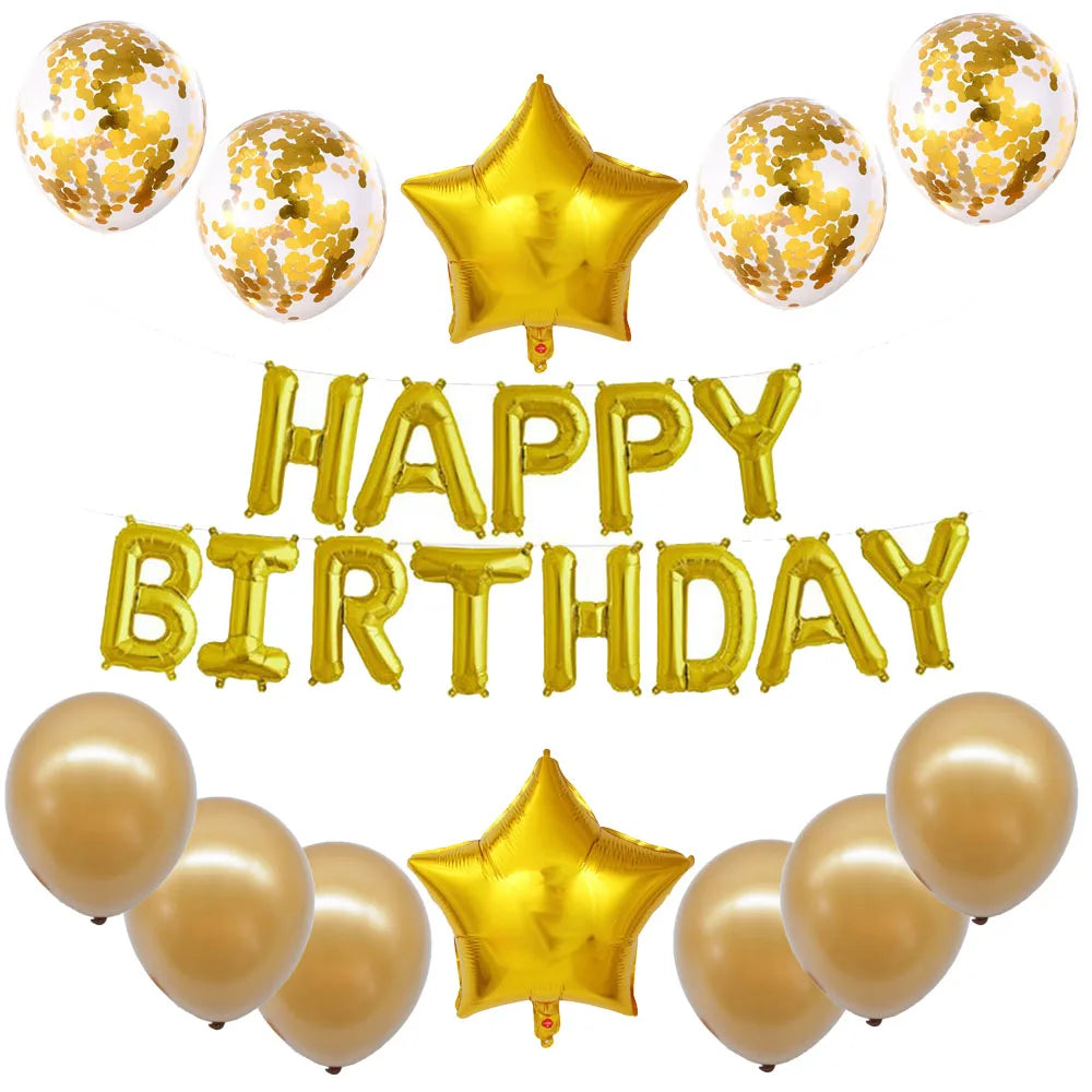 A set of gold and white foil letter balloons and a star balloon for a birthday party decoration