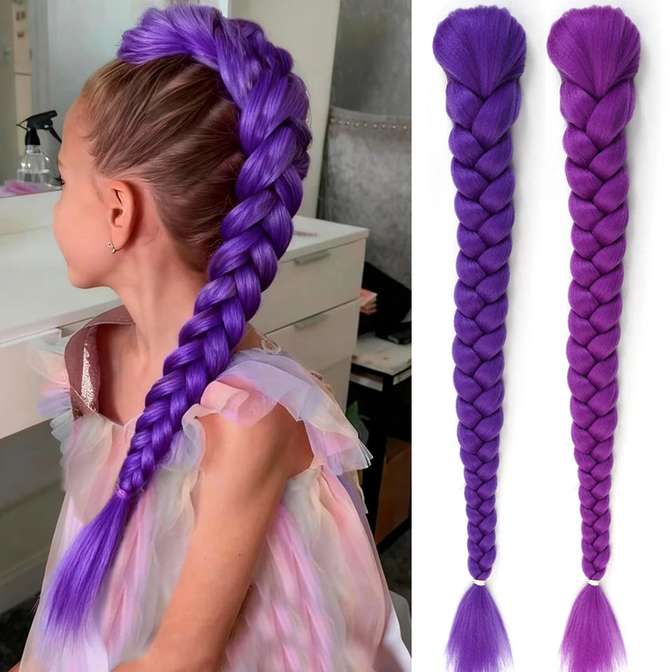 A close-up of a girl with purple braided hair, showing the long purple braided ponytail hairstyle.