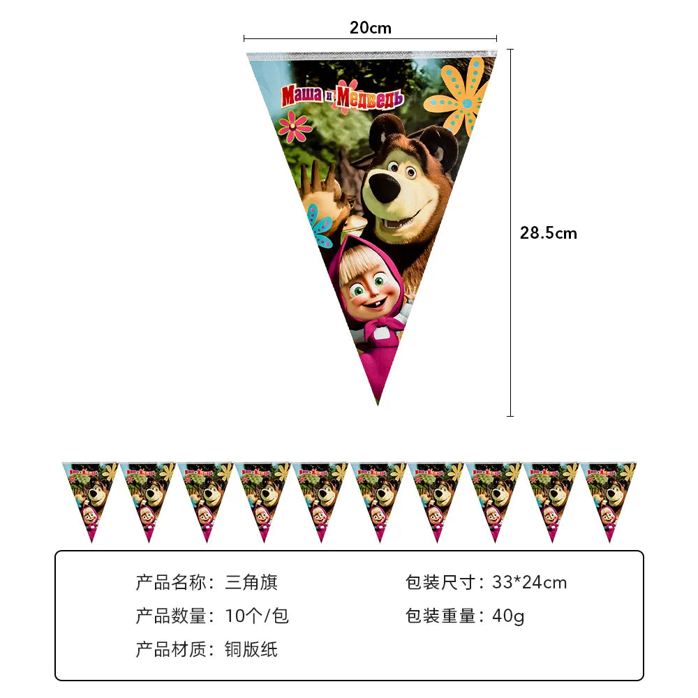 A triangular party decor set featuring characters from Masha and the Bear