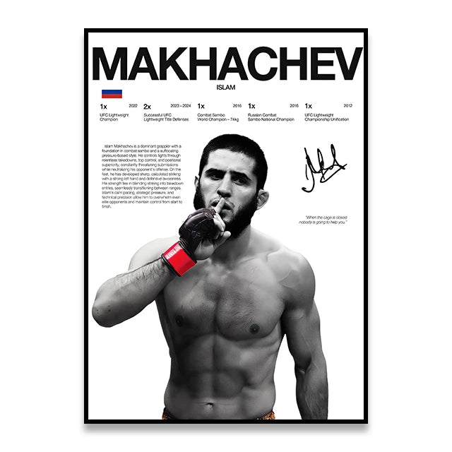 A black and white portrait of the boxing fighter Makhachev with a beard looking directly at the camera.