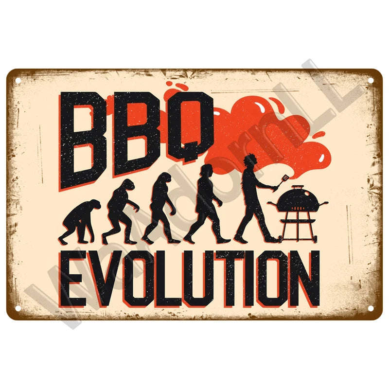 A distressed metal sign with the text BBQ EVOLUTION featuring silhouettes of people cooking and a red flame background.