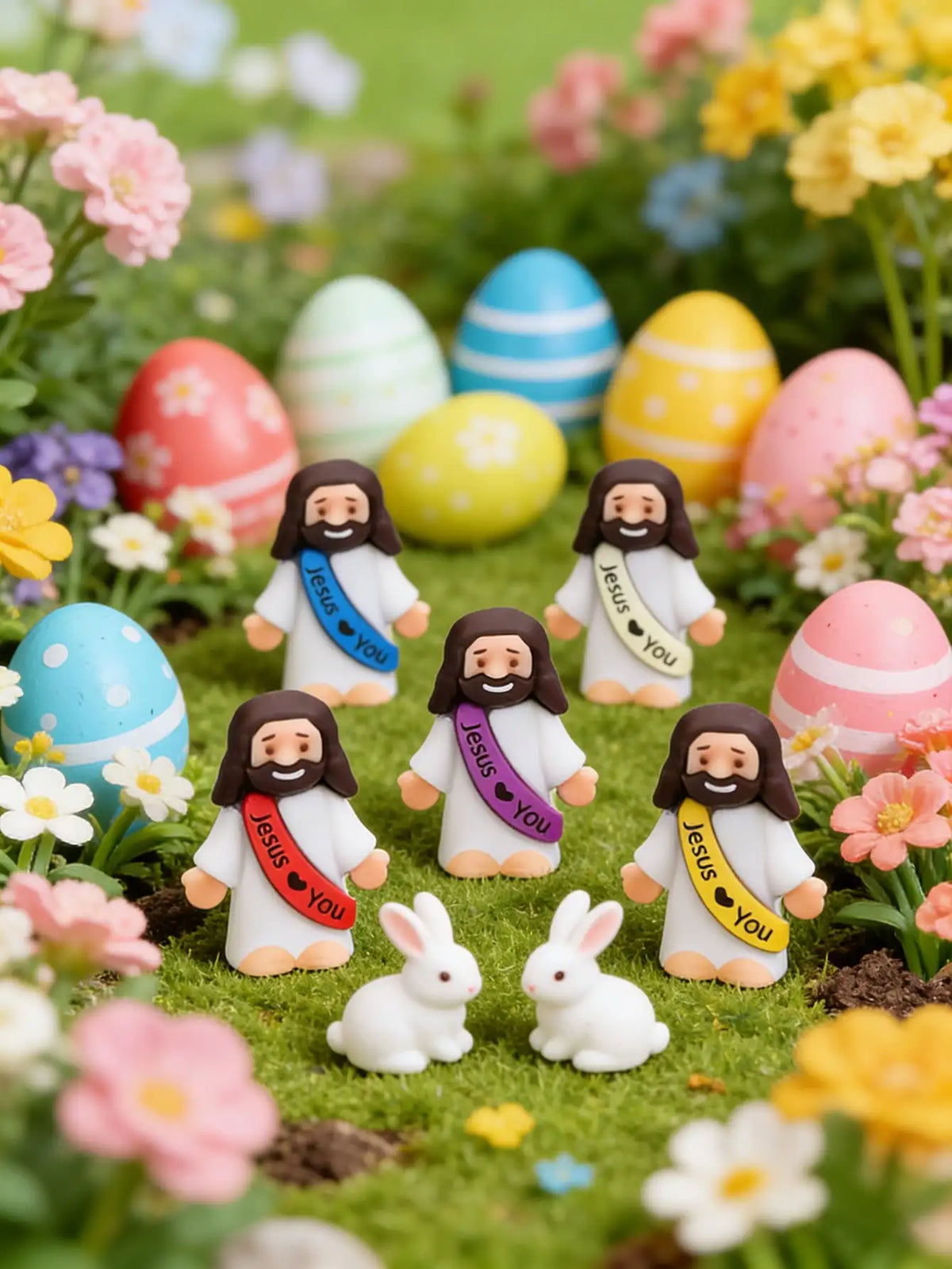 A collection of colorful mini rubber Jesus figurines in various Easter egg colors and pinks set in a garden with flowers.