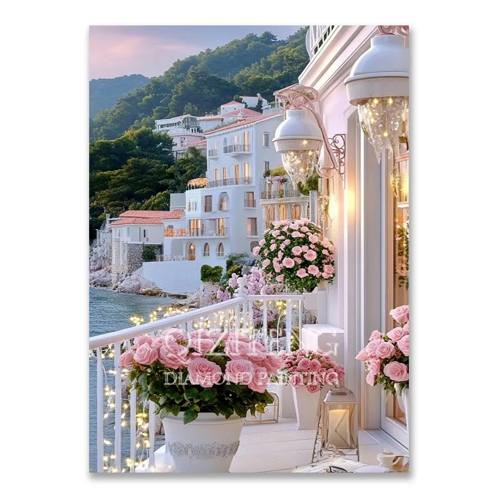 A diamond painting kit featuring a scenic view of white European architecture and lush greenery.