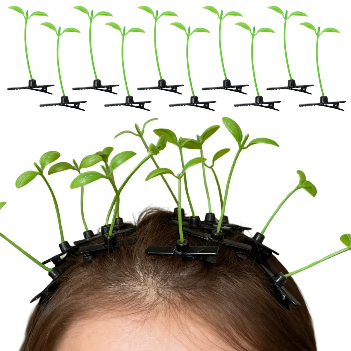 Green bean sprout hair clips with grass tops arranged in a row.