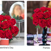 A bouquet of vibrant red roses displayed next to a vintage Eiffel Tower silhouette.