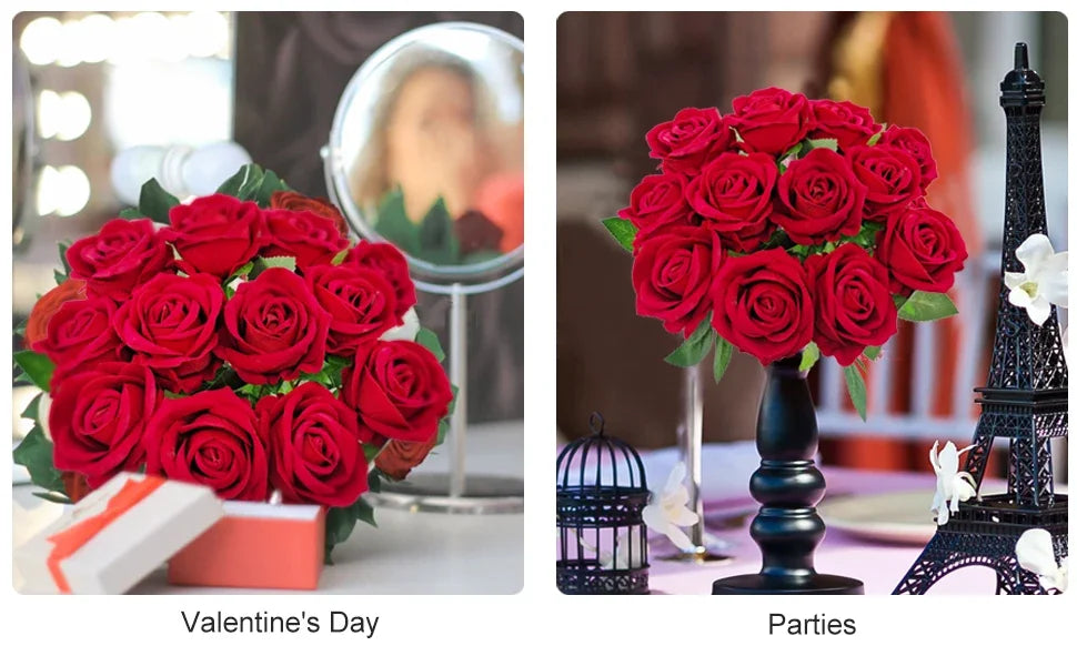A bouquet of vibrant red roses displayed next to a vintage Eiffel Tower silhouette.