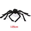 A large, black plush spider decoration used for Halloween.