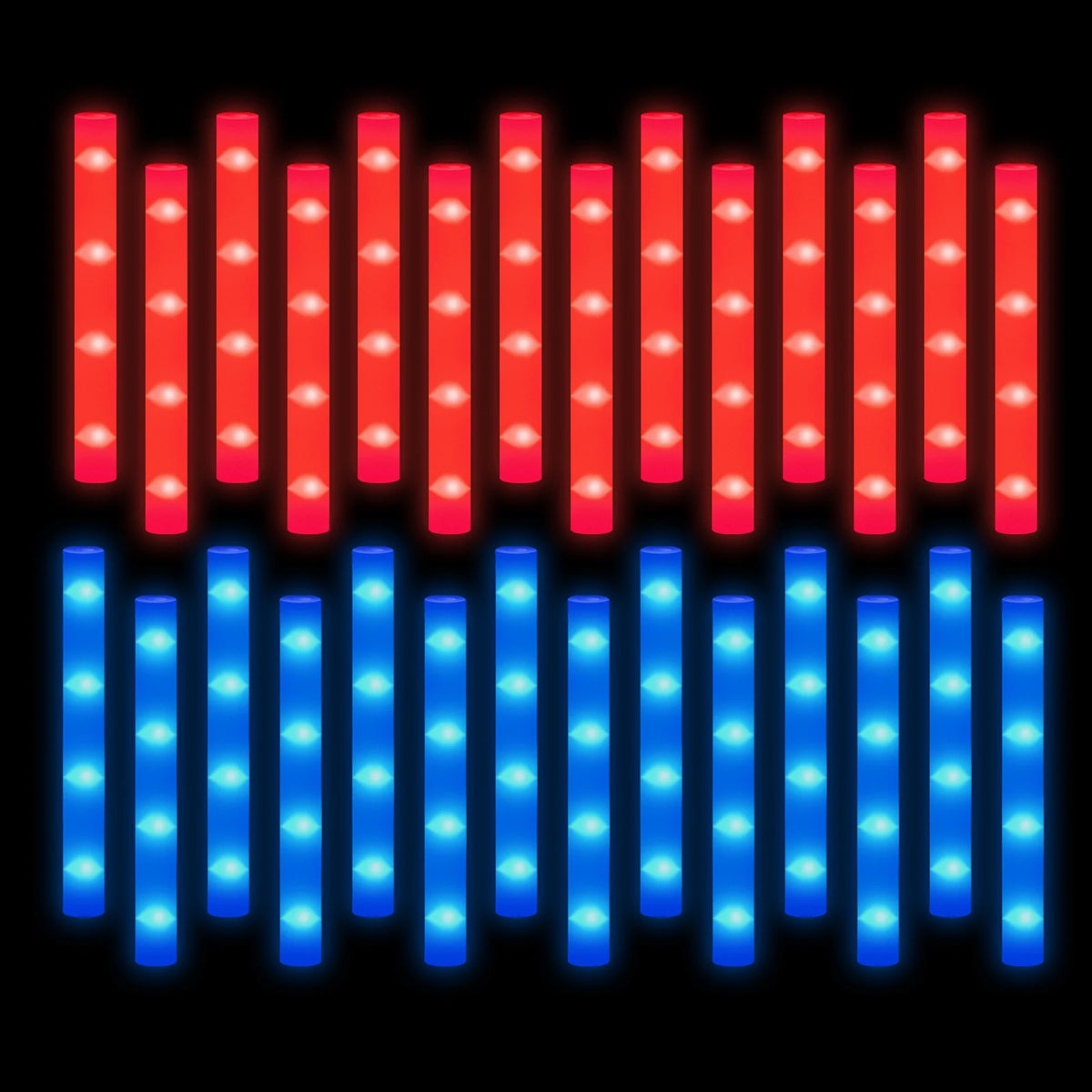 A display of 90 LED foam glow sticks, arranged in rows of red and blue lights.