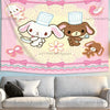 Pink cartoon animal tapestry featuring cute white and brown characters with pink bows for bedroom decor