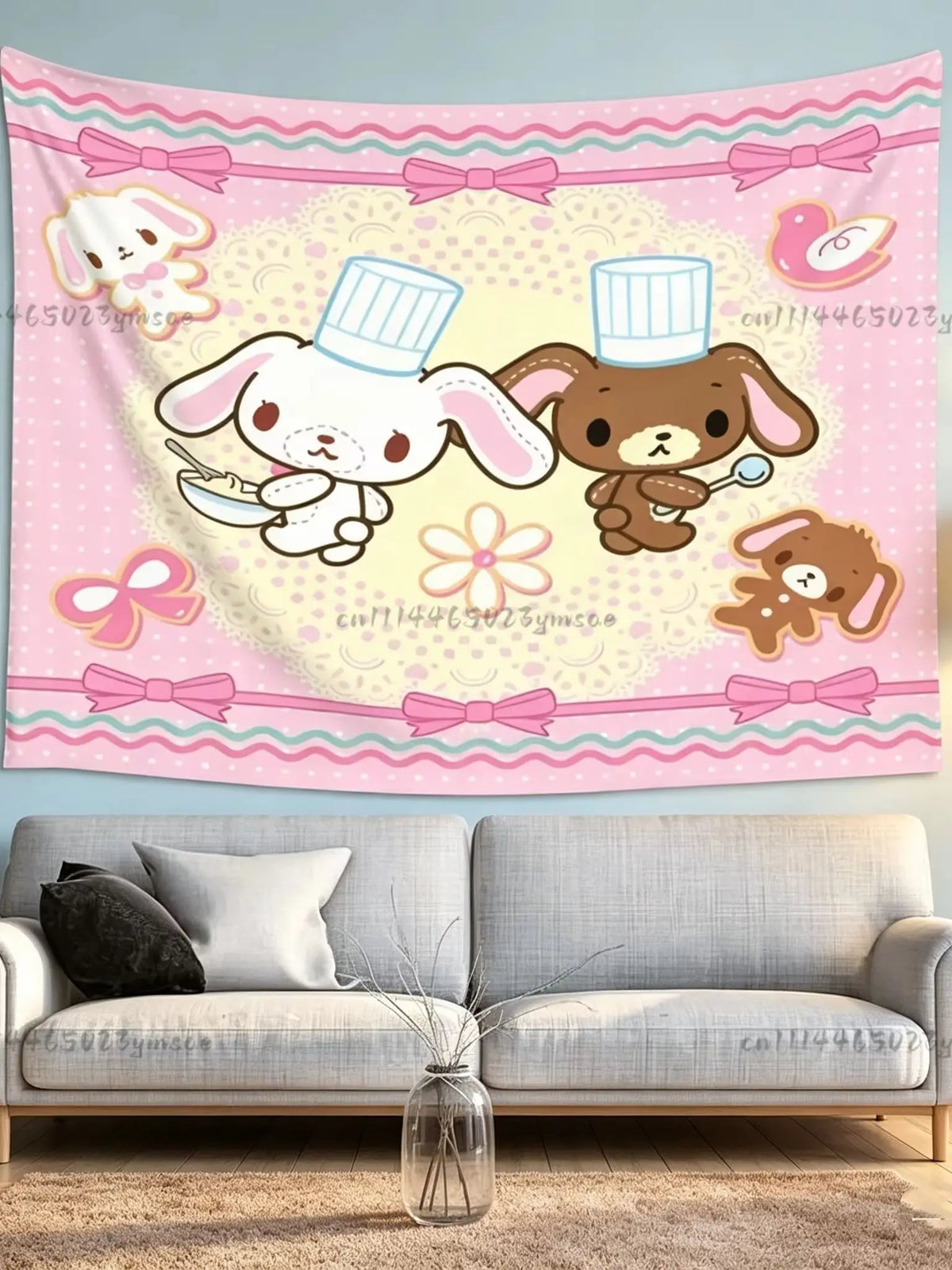 Pink cartoon animal tapestry featuring cute white and brown characters with pink bows for bedroom decor
