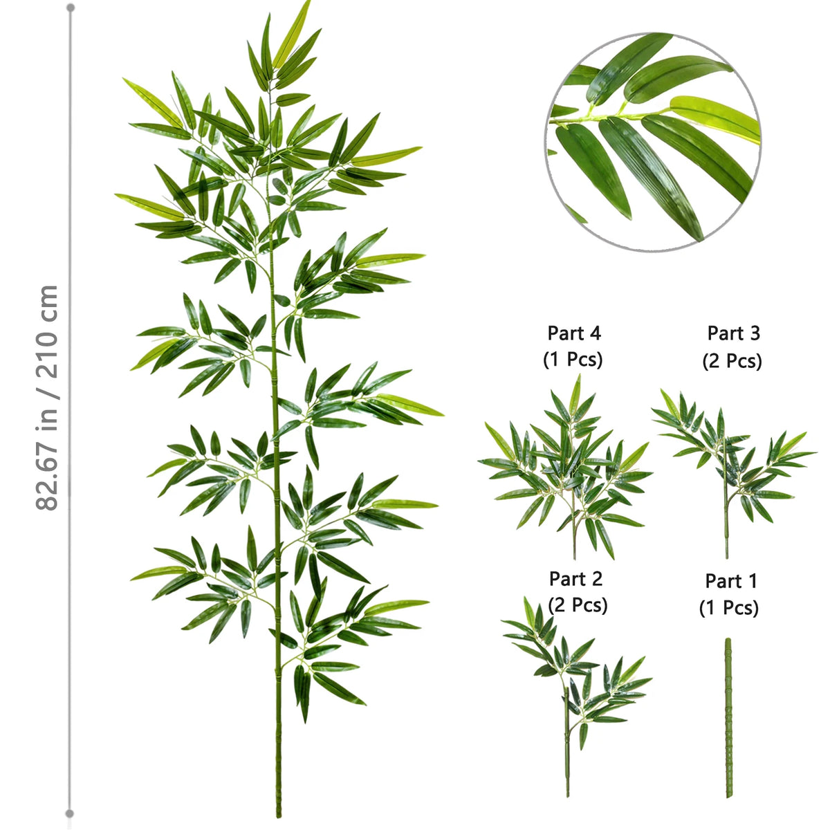 Artificial bamboo branch with green leaves shown in various parts and a close-up view.