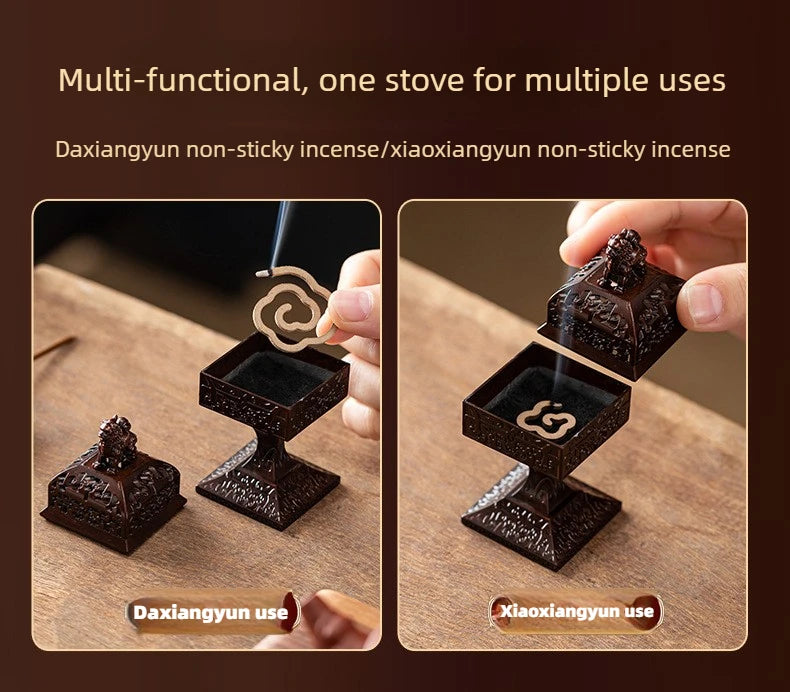 A dark brown incense burner featuring a square design used for Daxiangyun and Xiaoxiangyun incense.