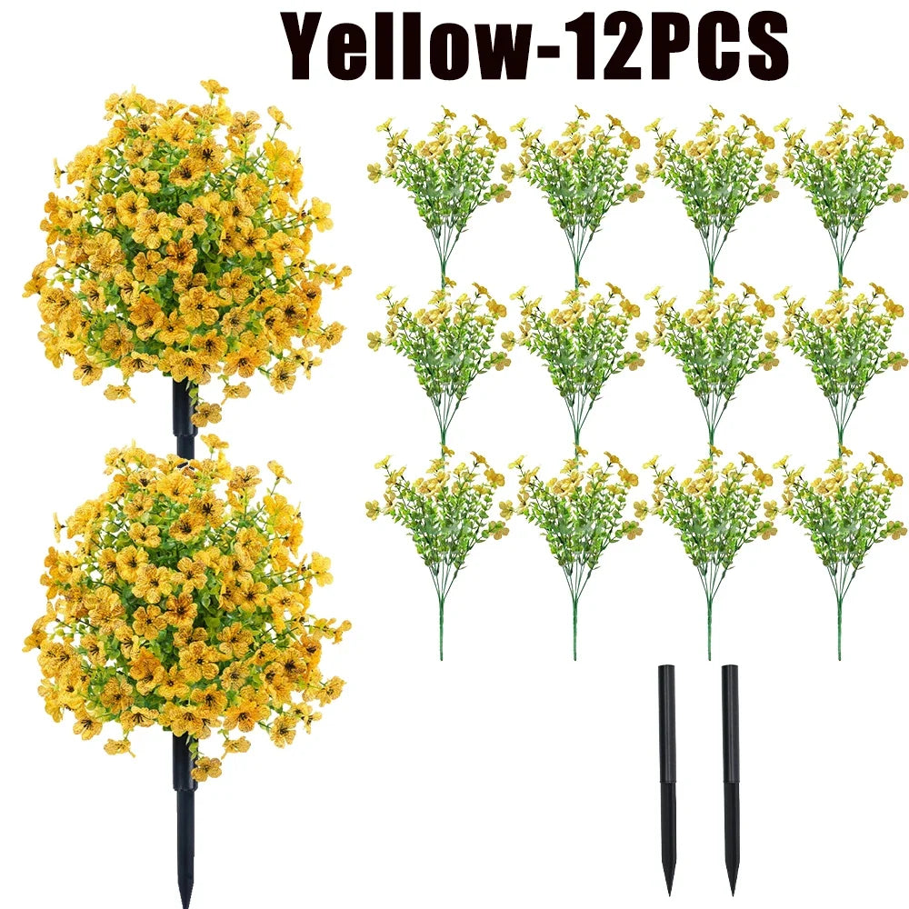 Yellow artificial flowers in 12 individual stems for outdoor and indoor decoration
