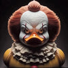 A highly detailed figurine of a duck with an angry expression and orange-red feathers, featuring white facial markings and ru