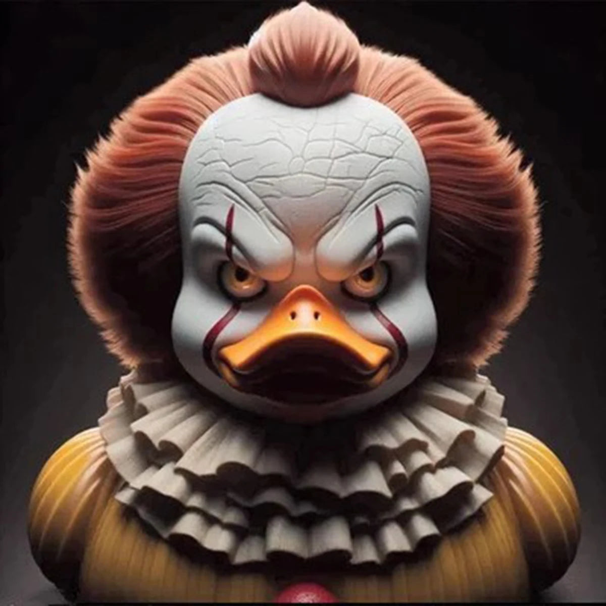 A highly detailed figurine of a menacing duck character with orange feathers and white facial markings.
