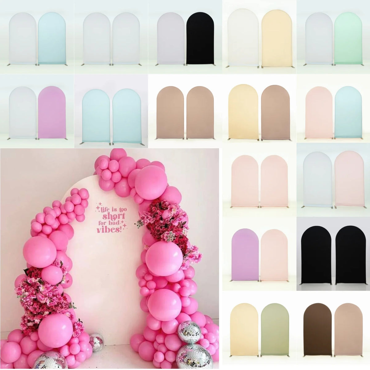A display of various stretchable arch backdrop covers in shades of pink, green, and black for party and event decor.