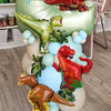 Ein Set aufblasbarer Dinosaurierballons in verschiedenen Grüntönen, Rot und Blau.