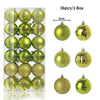 A box containing 36 festive gold and lime green Christmas tree ornament balls.