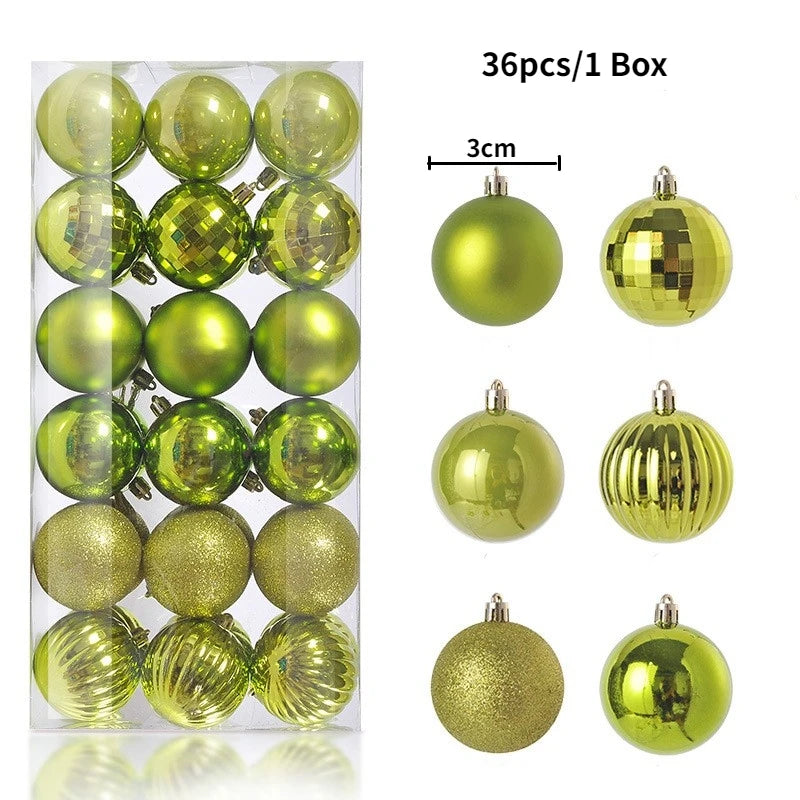 A box containing 36 festive gold and lime green Christmas tree ornament balls.