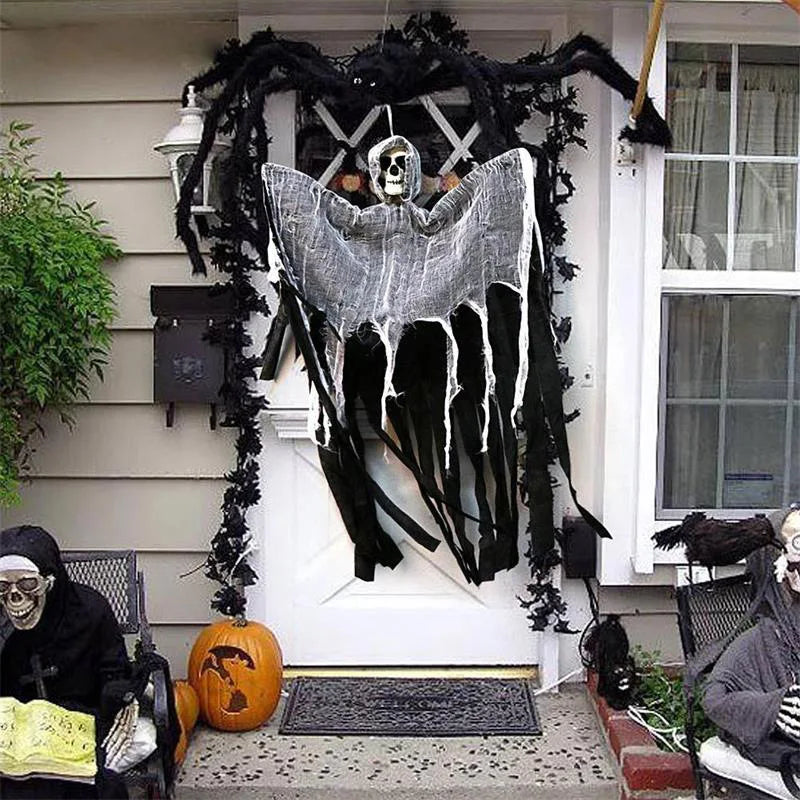 A spooky Halloween decor set featuring a hanging ghost and skeleton made of black and white fabric.
